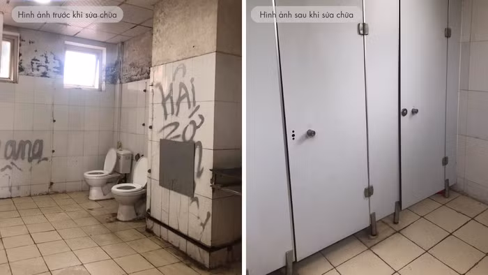 Hình ảnh Hiệu trưởng trường trung học phổ thông Thạch Bàn cung cấp cho phóng viên bên trái là ảnh chụp nhà vệ sinh bị hỏng vách ngăn. Ảnh bên phải là ảnh đã lắp đặt vách ngăn. Thầy Đồng cho biết, nhà vệ sinh xuống cấp trước hết là tăng tần suất lau rửa không để mùi hôi, tiếp theo là xin phép cho cải tạo trống xuống cấp. Ảnh: NTCC Hình ảnh Hiệu trưởng trường trung học phổ thông Thạch Bàn cung cấp cho phóng viên bên trái là ảnh chụp nhà vệ sinh bị hỏng vách ngăn. Ảnh bên phải là ảnh đã lắp đặt vách ngăn. Thầy Đồng cho biết, nhà vệ sinh xuống cấp trước hết là tăng tần suất lau rửa không để mùi hôi, tiếp theo là xin phép cho cải tạo trống xuống cấp. Ảnh: NTCC