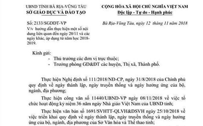 Công văn của Sở Giáo dục và Đào tạo tỉnh Bà Rịa - Vũng Tàu về việc không tổ chức Lễ kỷ niệm 20/11. (Ảnh: H.L) Công văn của Sở Giáo dục và Đào tạo tỉnh Bà Rịa - Vũng Tàu về việc không tổ chức Lễ kỷ niệm 20/11. (Ảnh: H.L)