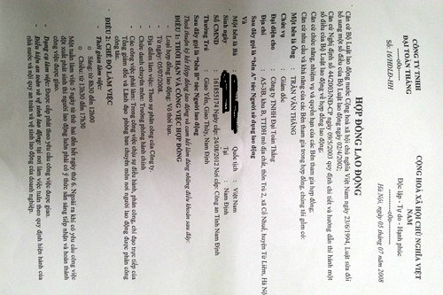 Hợp đồng lao động giữa Công ty Đại toàn Thắng với bà N. từ năm 2008. Hợp đồng lao động giữa Công ty Đại toàn Thắng với bà N. từ năm 2008.