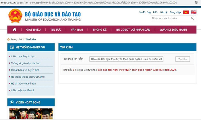 Ảnh chụp màn hình kết quả tìm kiếm Báo cáo Hội nghị trực tuyến toàn quốc ngành Giáo dục năm 2020 trên moet.gov.vn.