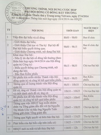 Sau khi được Bộ Nông nghiệp sắp xếp "ghế", chương trình đại hội bất thường ngày 27/4 tới đây được lên kế hoạch. Sau khi được Bộ Nông nghiệp sắp xếp "ghế", chương trình đại hội bất thường ngày 27/4 tới đây được lên kế hoạch.