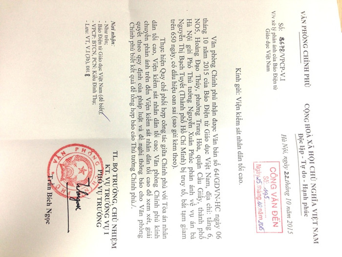 Công văn của Văn phòng Chính phủ gửi Viện Kiểm sát nhân dân tối cao. Công văn của Văn phòng Chính phủ gửi Viện Kiểm sát nhân dân tối cao.