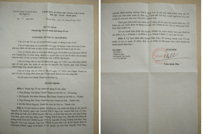Quyết định của Sở Nội vụ Thanh Hóa. Ảnh: LC
