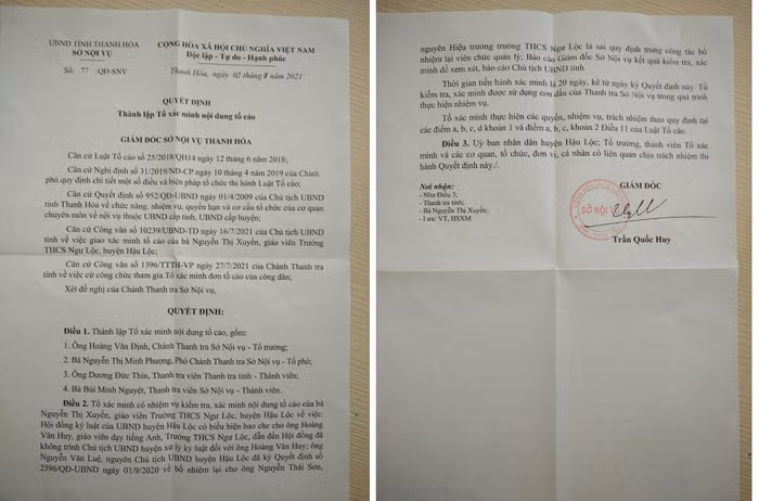 Quyết định của Sở Nội vụ Thanh Hóa. Ảnh: LC