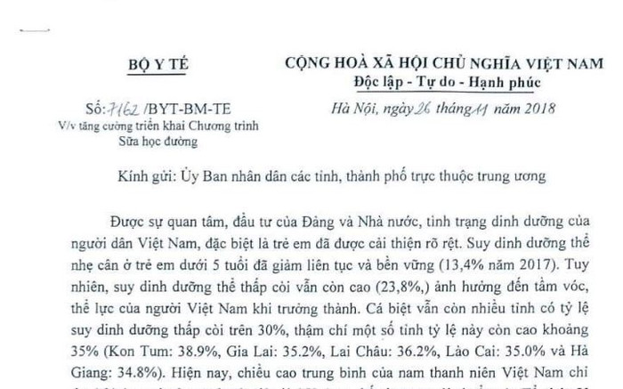 Ảnh chụp màn hình một phần công văn 7215/BYT-BM-TE của Bộ trưởng Bộ Y tế, Trưởng ban chỉ đạo quốc gia Chương trình Sữa học đường. Ảnh chụp màn hình một phần công văn 7215/BYT-BM-TE của Bộ trưởng Bộ Y tế, Trưởng ban chỉ đạo quốc gia Chương trình Sữa học đường.