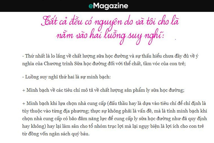 Ảnh chụp màn hình phần phân tích lý do những băn khoăn và hoài nghi của dư luận về cách thức triển khai chương trình Sữa học đường trong bức tâm thư của bà Thái Hương trên Báo Trí Thức Trẻ. Ảnh chụp màn hình phần phân tích lý do những băn khoăn và hoài nghi của dư luận về cách thức triển khai chương trình Sữa học đường trong bức tâm thư của bà Thái Hương trên Báo Trí Thức Trẻ.