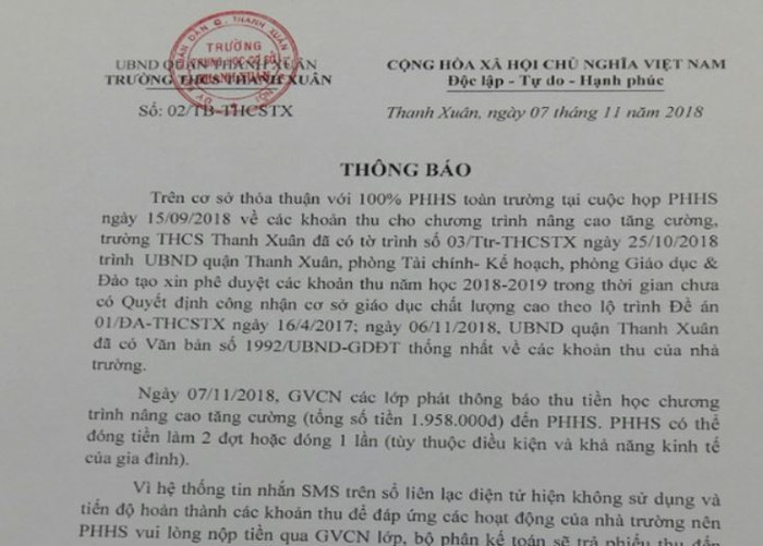 Thông báo thu tiền của Ban Giám hiệu Trường Trung học cơ sở Thanh Xuân ngày 7/11/2018, ảnh chụp màn hình. Thông báo thu tiền của Ban Giám hiệu Trường Trung học cơ sở Thanh Xuân ngày 7/11/2018, ảnh chụp màn hình.