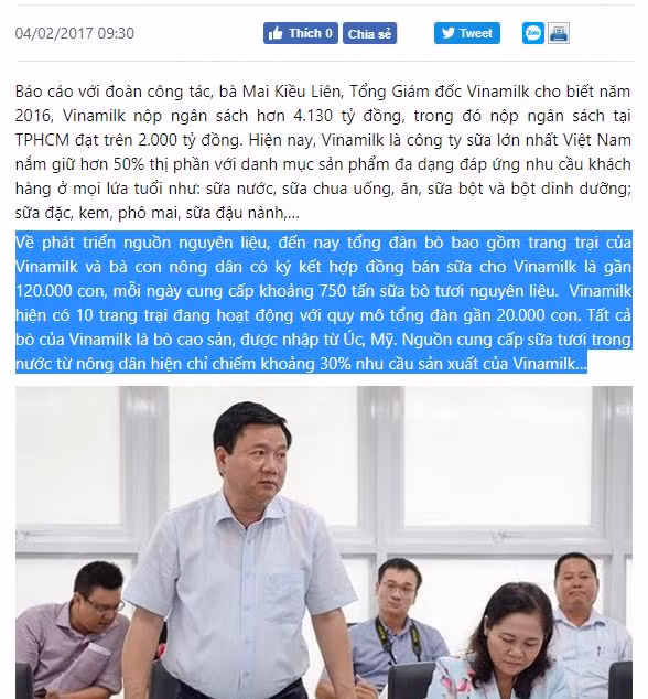 Ảnh chụp màn hình một phần nội dung bài viết "Vinamilk hỗ trợ nông dân phát triển đàn bò sữa" trên Báo Đầu tư ngày 4/2/2017.