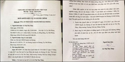 Bà Lê Thị Thu Thủy đã từng gửi đơn khởi kiện hành chính quyết định kỷ luật của Ủy ban nhân dân huyện An Dương đối với bản thân mình. (Ảnh: LC) Bà Lê Thị Thu Thủy đã từng gửi đơn khởi kiện hành chính quyết định kỷ luật của Ủy ban nhân dân huyện An Dương đối với bản thân mình. (Ảnh: LC)
