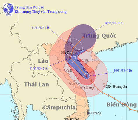 Đường đi dự kiến của bão Haiyan trong bản tin phát lúc 17h30 chiều nay của Trung tâm Dự báo khí tượng và thủy văn Trung ương. Đường đi dự kiến của bão Haiyan trong bản tin phát lúc 17h30 chiều nay của Trung tâm Dự báo khí tượng và thủy văn Trung ương.