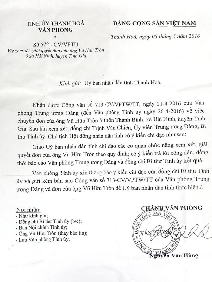 Công văn của Tỉnh ủy Thanh Hóa chuyển ý kiến chỉ đạo của ông Trịnh Văn Chiến, Ủy viên Trung ương Đảng, Bí thư Tỉnh ủy phải xem xét, giải quyết đơn thư của gia đình liệt sĩ.