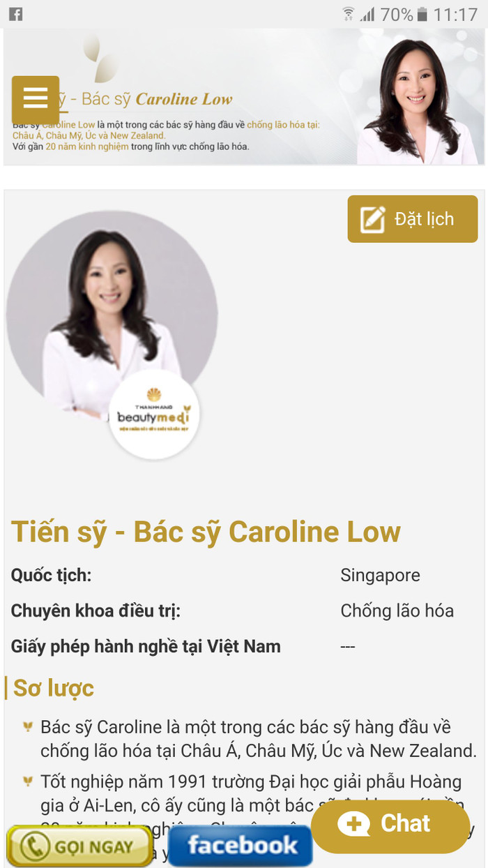 Mặc dù chưa có giấy phép hành nghề tại Việt Nam nhưng Thanh Hằng Beauty Medi vẫn cho bác sĩ ngoại quốc khám chữa bệnh tại Trung tâm.( Ảnh chụp màn hình trước khi Thanh Hằng gỡ bỏ)