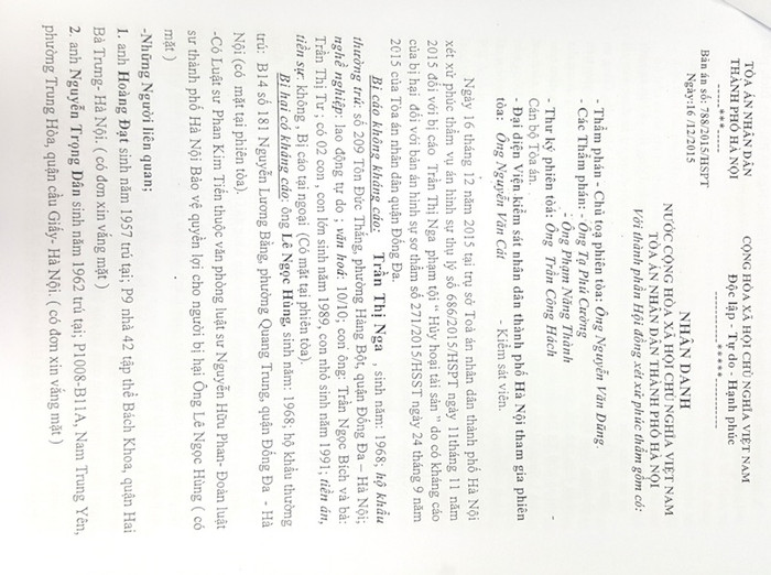 Ngày 16/12/2015, Tòa án nhân dân Tp. Hà Nội đưa vụ án ra xét xử và hủy toàn bộ bản án sơ thẩm của Tòa án nhân dân quận Đống Đa Ngày 16/12/2015, Tòa án nhân dân Tp. Hà Nội đưa vụ án ra xét xử và hủy toàn bộ bản án sơ thẩm của Tòa án nhân dân quận Đống Đa