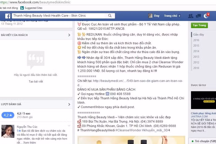 Sản phẩm “thuốc” REDUXAN tuy chưa được Bộ Y tế cấp phép nhưng vẫn quảng cáo tràn lan trên mạng.