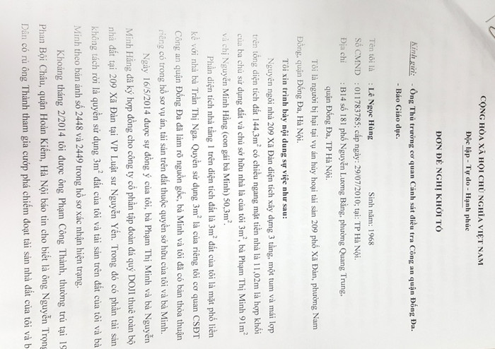 Đơn đề nghị khởi tố của ông Lê Ngọc Hùng gửi Báo điện tử Giáo dục Việt Nam. Đơn đề nghị khởi tố của ông Lê Ngọc Hùng gửi Báo điện tử Giáo dục Việt Nam.