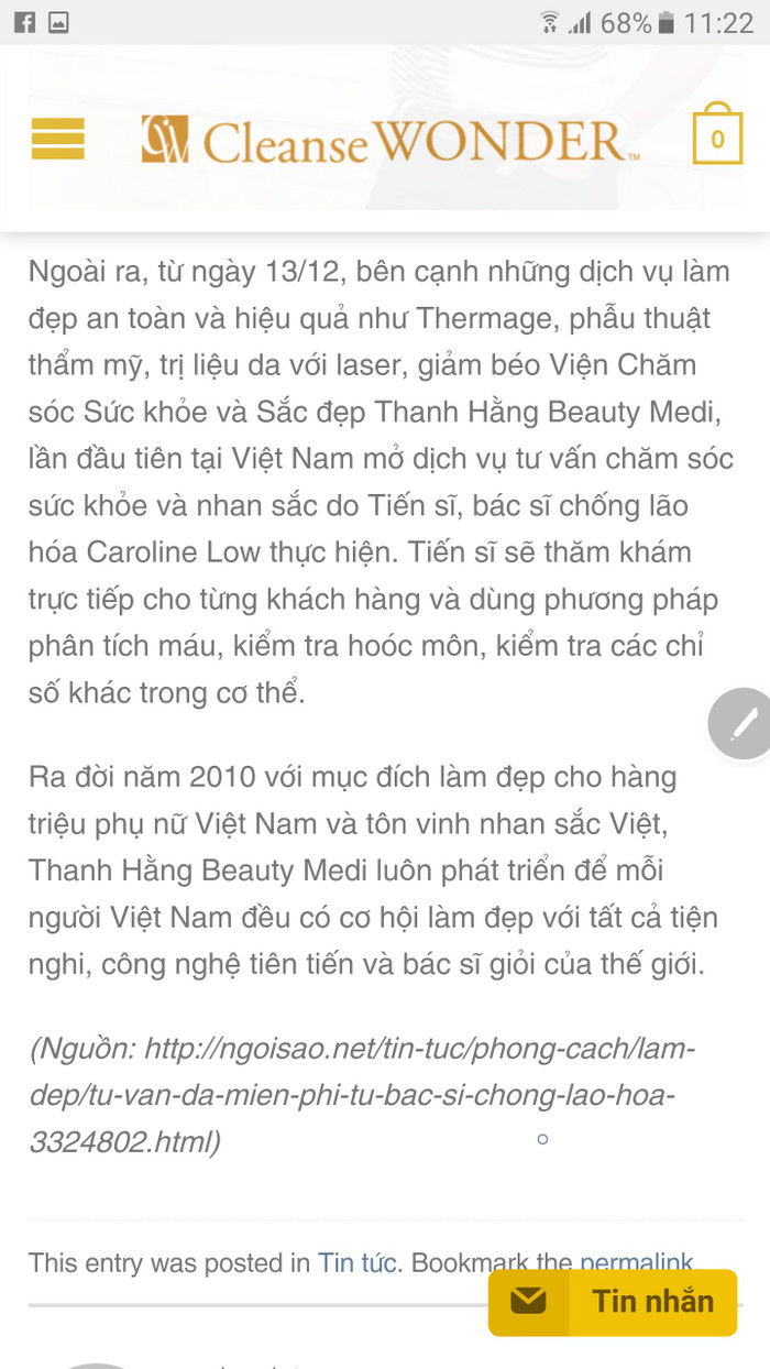 Bài viết đăng trên website Thanh Hằng Beauty công khai thông tin khám và chữa bệnh của bác sĩ Caroline Low từ cuối năm 2015. (Ảnh chụp màn hình trước khi Thanh Hằng gỡ bỏ)