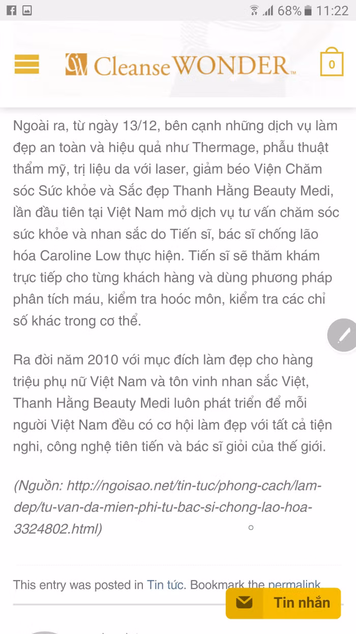 Bài viết đăng trên website Thanh Hằng Beauty công khai thông tin khám và chữa bệnh của bác sĩ Caroline Low từ cuối năm 2015. (Ảnh chụp màn hình trước khi Thanh Hằng gỡ bỏ)