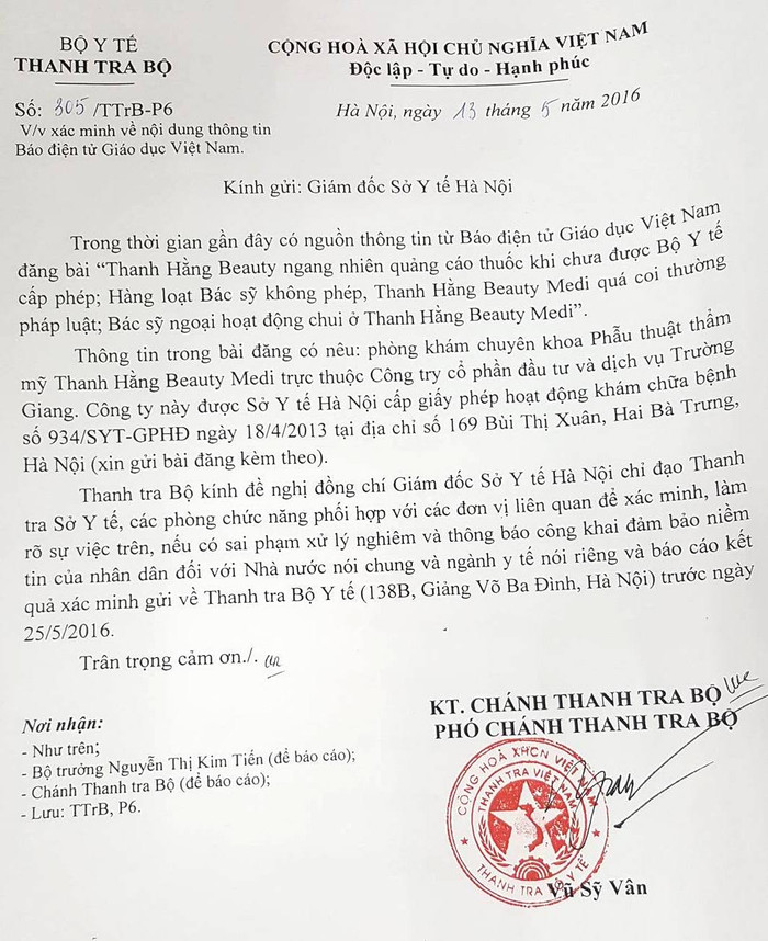 Văn bản của Thanh tra Bộ Y tế đề nghị Sở Y tế Hà Nội vào cuộc "xử lý nghiêm" thẩm mỹ viện Thanh Hằng beauty Medi. Văn bản của Thanh tra Bộ Y tế đề nghị Sở Y tế Hà Nội vào cuộc "xử lý nghiêm" thẩm mỹ viện Thanh Hằng beauty Medi.