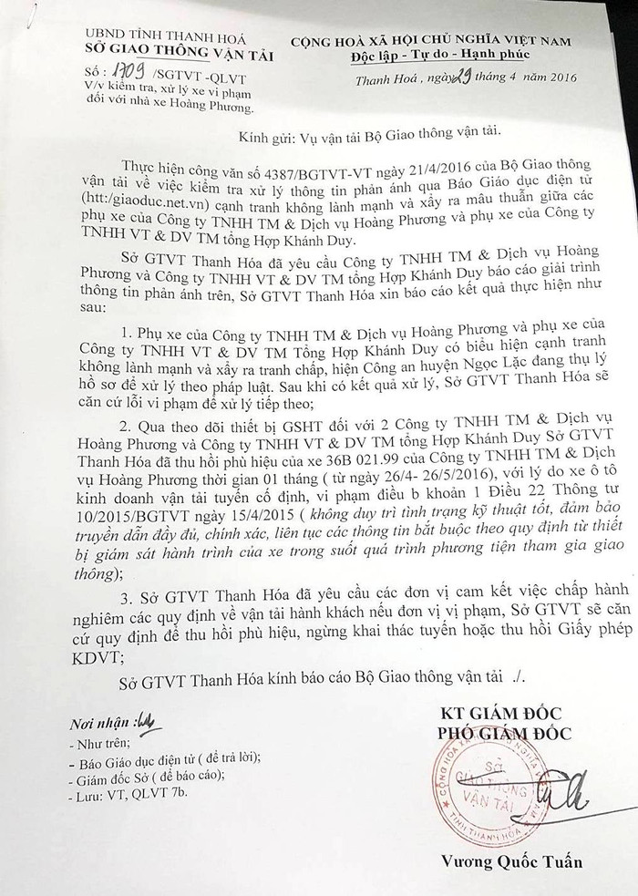 Báo cáo ban đầu của Sở Giao thông Vận tải về sự việc "làm loạn", "độc quyền" của nhà xe Hoàng Phương. Báo cáo ban đầu của Sở Giao thông Vận tải về sự việc "làm loạn", "độc quyền" của nhà xe Hoàng Phương.