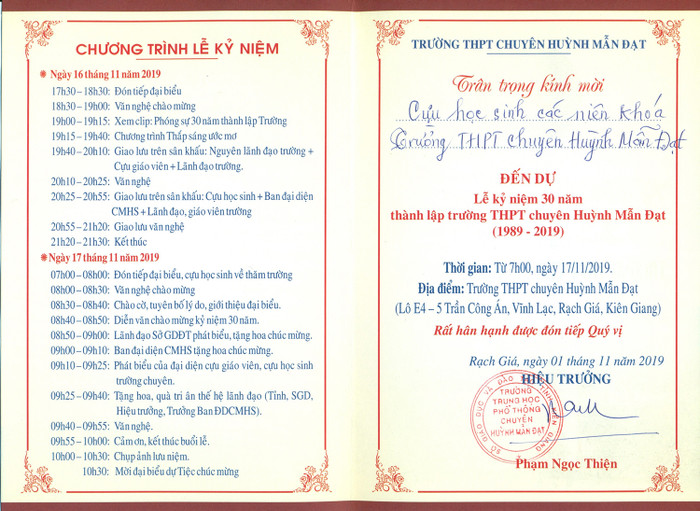 Nội dung tổ chức lễ kỷ niệm 30 năm thành lập của trường Trung học phổ thông chuyên Huỳnh Mẫn Đạt. (Ảnh: Trường Huỳnh Mẫn Đạt) Nội dung tổ chức lễ kỷ niệm 30 năm thành lập của trường Trung học phổ thông chuyên Huỳnh Mẫn Đạt. (Ảnh: Trường Huỳnh Mẫn Đạt)