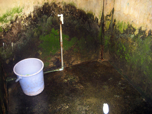 Khu vệ sinh và nhà tắm tại khu C, KTX Trường ĐH Sư phạm kỹ thuật TP.HCM xuống cấp, tường đóng rêu.