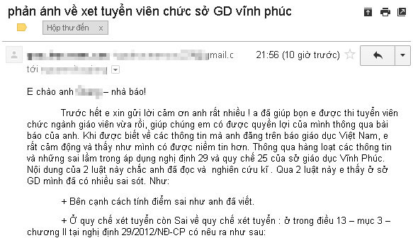 Thư phản ánh của bạn đọc tố sai phạm khác của Sở GD&ĐT Vĩnh Phúc.
