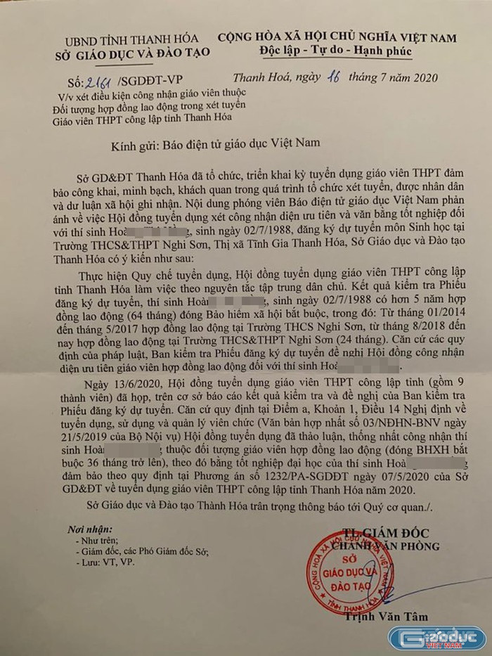 Văn bản trả lời của Sở Giáo dục và Đào tạo Thanh Hóa ngày 16/7/2020. Văn bản trả lời của Sở Giáo dục và Đào tạo Thanh Hóa ngày 16/7/2020.