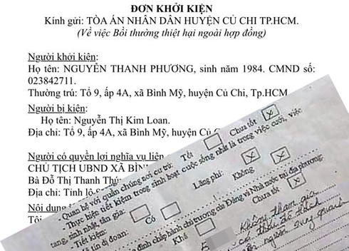 Đơn khởi kiện Tổ trưởng Tổ 9 (xã Bình Mỹ, huyện Củ Chi) và Phiếu góp ý kiến (bên dưới). (Ảnh: Đ.Q)