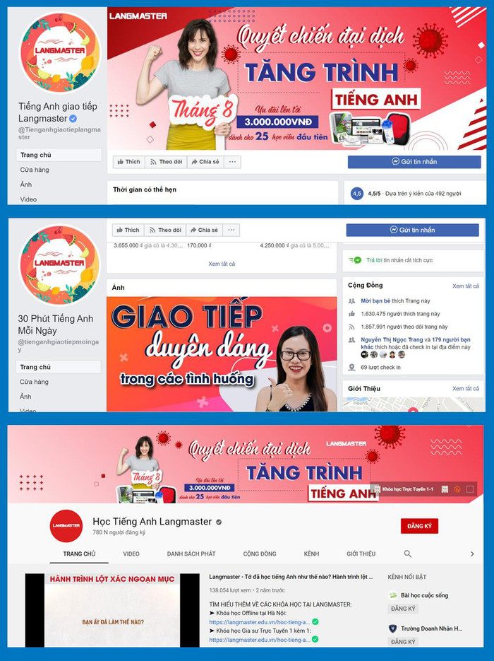 Trung tâm cũng xây dựng kênh Youtube và Fanpage chuyên về kiến thức tiếng Anh giao tiếp.
