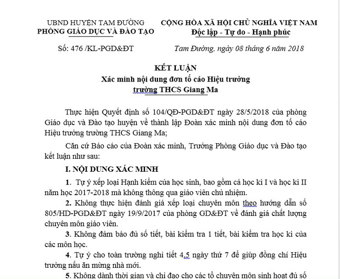 Kết luận của Phòng Giáo dục và Đào tạo huyện Tam Đường cho thấy hiệu trưởng Nguyễn Thị Nguyên mắc hàng loạt sai phạm. (Ảnh chụp màn hình)