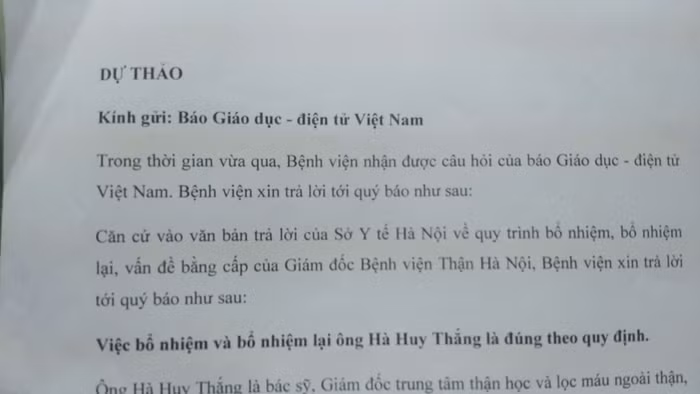 Báo Điện tử Giáo dục Việt Nam nhận được dự thảo câu trả lời từ phía Bệnh viện Thận Hà Nội. Không có chuyện phóng viên sách nhiễu như phản ánh. (Ảnh: LC)