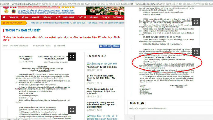 Thông báo đăng tải trên website http://www.baodienbienphu.com.vn, ảnh chụp màn hình. (Ảnh LC)
