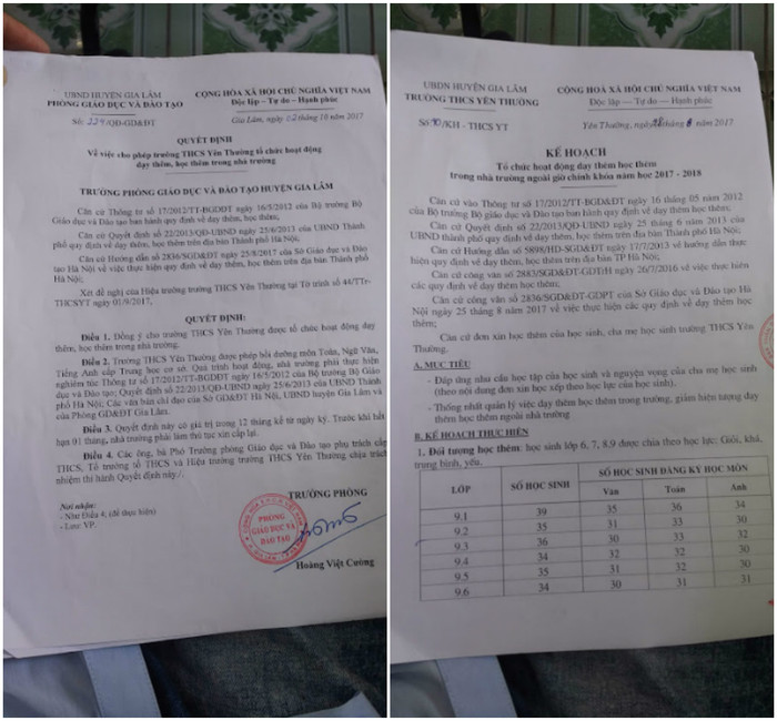 Tờ trình của trường Yên Thường và Quyết định của Phòng Giáo dục và Đào tạo huyện Gia Lâm cho trường dạy thêm. (Ảnh:LC) Tờ trình của trường Yên Thường và Quyết định của Phòng Giáo dục và Đào tạo huyện Gia Lâm cho trường dạy thêm. (Ảnh:LC)