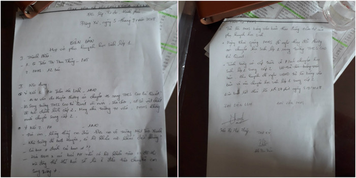 Trong biên bản làm việc với Phó hiệu trưởng trường Cao Bá Quát, các phụ huynh không thể hiện sự "đồng thuận" như ông Trần Minh Mạnh nói. (Ảnh phụ huynh học sinh cung cấp) Trong biên bản làm việc với Phó hiệu trưởng trường Cao Bá Quát, các phụ huynh không thể hiện sự "đồng thuận" như ông Trần Minh Mạnh nói. (Ảnh phụ huynh học sinh cung cấp)