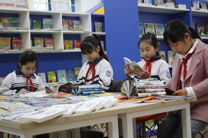 Hơn 8.000 đầu sách có mặt tại thư viện, sẽ đáp ứng được nhu cầu đọc sách của các em học sinh Tiểu học Đồng Mai. Ảnh: Đ.T