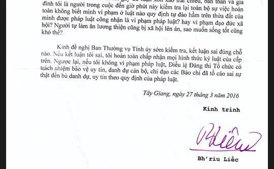 Đơn tường trình của Bí thư Huyện ủy Tây Giang Bh&apos;riu Liếc. Ảnh Hoàng Tuấn