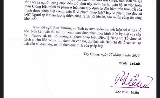 Đơn tường trình của Bí thư Huyện ủy Tây Giang Bh'riu Liếc. Ảnh Hoàng Tuấn