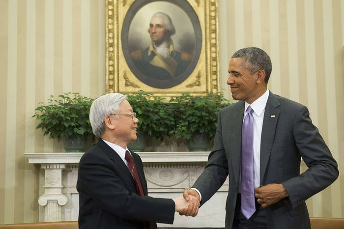 Tổng thống Mỹ Barack Obama tiếp Tổng bí thư Nguyễn Phú Trọng tại Nhà Trắng trong chuyến thăm chính thức Hợp chúng quốc Hoa Kỳ năm 2015. Ảnh: Reuters. Tổng thống Mỹ Barack Obama tiếp Tổng bí thư Nguyễn Phú Trọng tại Nhà Trắng trong chuyến thăm chính thức Hợp chúng quốc Hoa Kỳ năm 2015. Ảnh: Reuters.