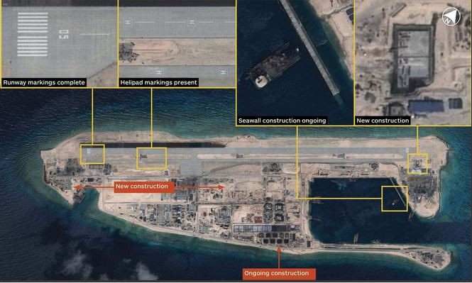Đường băng quân sự Trung Quốc bồi lấp trên đảo nhân tạo phi pháp ở đá Chữ Thập, Trường Sa, Khánh Hòa, Việt Nam đã hoàn thành cơ bản. Ảnh: The Wall Street Journal. Đường băng quân sự Trung Quốc bồi lấp trên đảo nhân tạo phi pháp ở đá Chữ Thập, Trường Sa, Khánh Hòa, Việt Nam đã hoàn thành cơ bản. Ảnh: The Wall Street Journal.