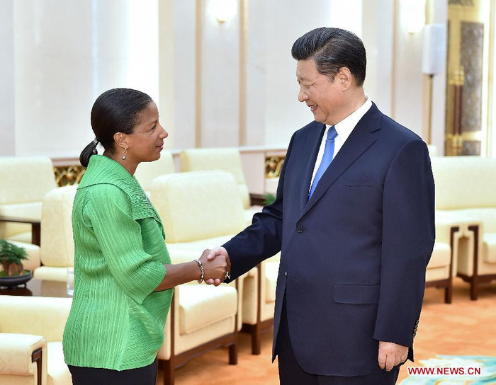 Cố vấn An ninh quốc gia Hoa Kỳ Susan Rice và Chủ tịch Trung Quốc Tập Cận Bình, ảnh: Tân Hoa Xã. Cố vấn An ninh quốc gia Hoa Kỳ Susan Rice và Chủ tịch Trung Quốc Tập Cận Bình, ảnh: Tân Hoa Xã.