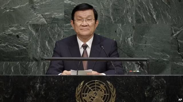 Chủ tịch nước Trương Tấn Sang phát biểu trước Đại hội đồng Liên Hợp Quốc. Ảnh: AP