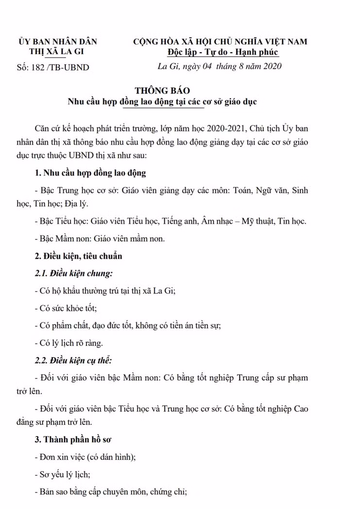 Thông báo tuyển dụng giáo viên của Ủy ban nhân dân thị xã La Gi tỉnh Bình Thuận, ảnh: tác giả.