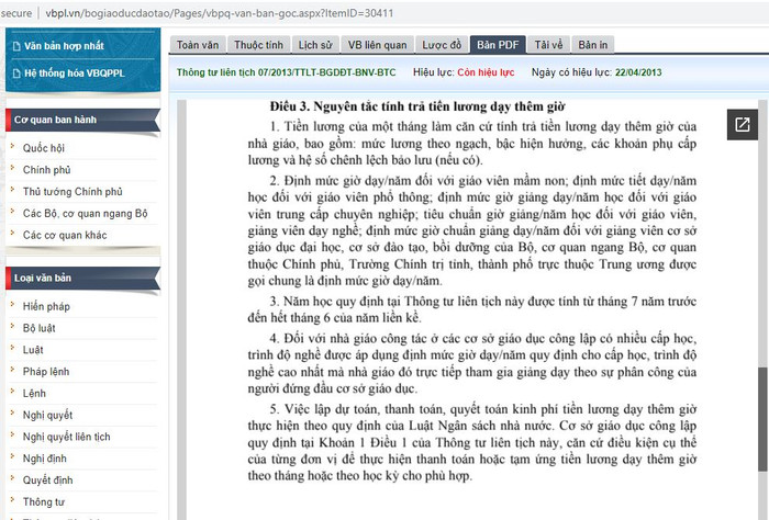 Thông tư liên tịch số: 07/2013/TTLT-BGDĐT-BNV-BTC hướng dẫn thực hiện chế độ trả lương dạy thêm giờ đối với nhà giáo trong các cơ sở giáo dục công lập (Ảnh chụp màn hình)