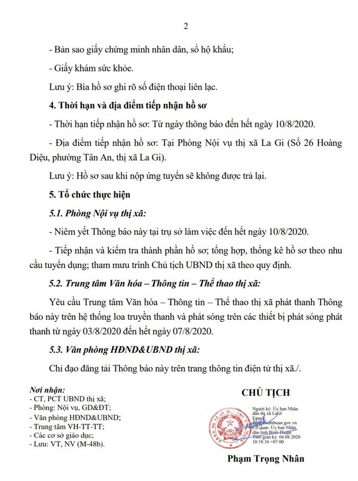 Thông báo tuyển dụng giáo viên của Ủy ban nhân dân thị xã La Gi tỉnh Bình Thuận, ảnh: tác giả. Thông báo tuyển dụng giáo viên của Ủy ban nhân dân thị xã La Gi tỉnh Bình Thuận, ảnh: tác giả.