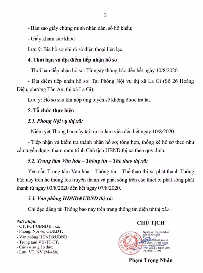 Thông báo tuyển dụng giáo viên của Ủy ban nhân dân thị xã La Gi tỉnh Bình Thuận, ảnh: tác giả.