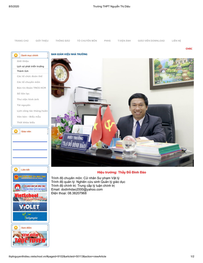 Ảnh chụp màn hình website Trường Trung học phổ thông Nguyễn Thị Diệu ngày 5/8/2020, vẫn giới thiệu ông Đỗ Đình Đảo là hiệu trưởng trường này. Ảnh chụp màn hình website Trường Trung học phổ thông Nguyễn Thị Diệu ngày 5/8/2020, vẫn giới thiệu ông Đỗ Đình Đảo là hiệu trưởng trường này.