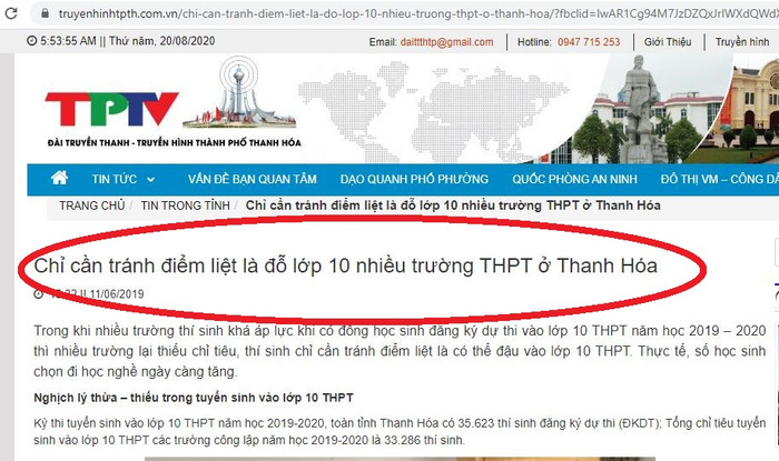 Điểm tuyển sinh lớp 10 quá thấp không phải câu chuyện mới, mà dường như đã trở nên &quot;bình thường&quot; ở Thanh Hóa, ảnh chụp màn hình một bài viết trên trang Đài truyền hình Thanh Hóa mùa tuyển sinh trước.