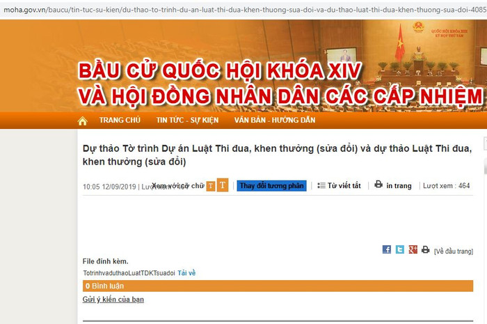 Ảnh chụp màn hình cổng thông tin đăng tải dự thảo Luật sửa đổi, bổ sung một số điều của Luật thi đua, khen thưởng.
