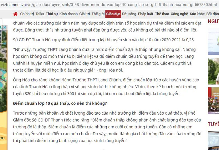 Nội dung Báo VietnamNet tường thuật lời ông Phó giám đốc Sở Giáo dục và Đào tạo Thanh Hóa, ảnh chụp màn hình.