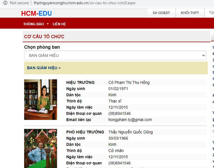 Ảnh chụp màn hình website trường Trung học phổ thông Nguyễn Công Trứ, phần giới thiệu ban giám hiệu. Ảnh chỉ mang tính chất minh họa. Ảnh chụp màn hình website trường Trung học phổ thông Nguyễn Công Trứ, phần giới thiệu ban giám hiệu. Ảnh chỉ mang tính chất minh họa.